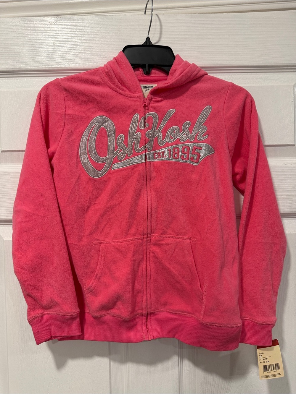 NWT OshKosh B'gosh 
Bright Pink Hooded Zip-Up Fleece Jacket Sz 12 Silver Logo